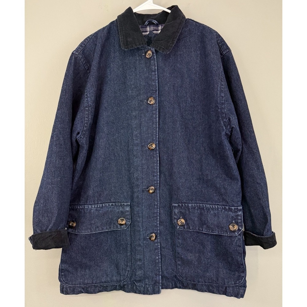 Vtg St John's Bay Denim Barn Chor Coat Jacket Women's Medium Plaid Lined
